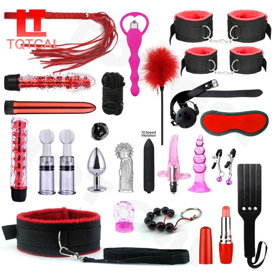 25PCS BDSM Bondage Set Adults Erotic Sex Game Handcuffs Collar Whip Spanking Anal Plug Dildo Vibrator Sex Toys For Women Couples